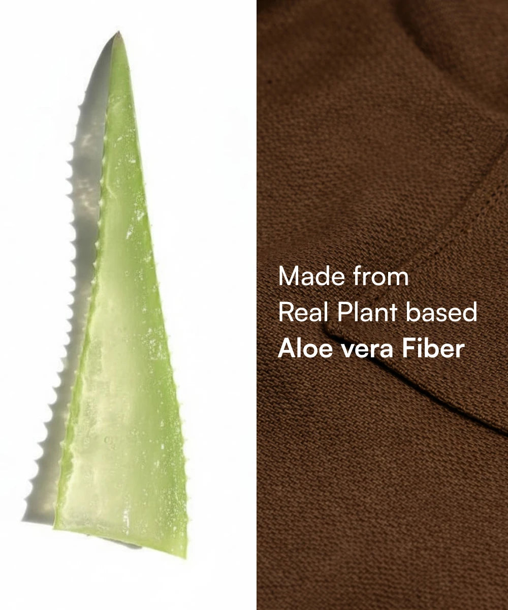 Aloe vera fiber strip next to brown fabric with text 'Made from Real Plant based Aloe vera Fiber'.