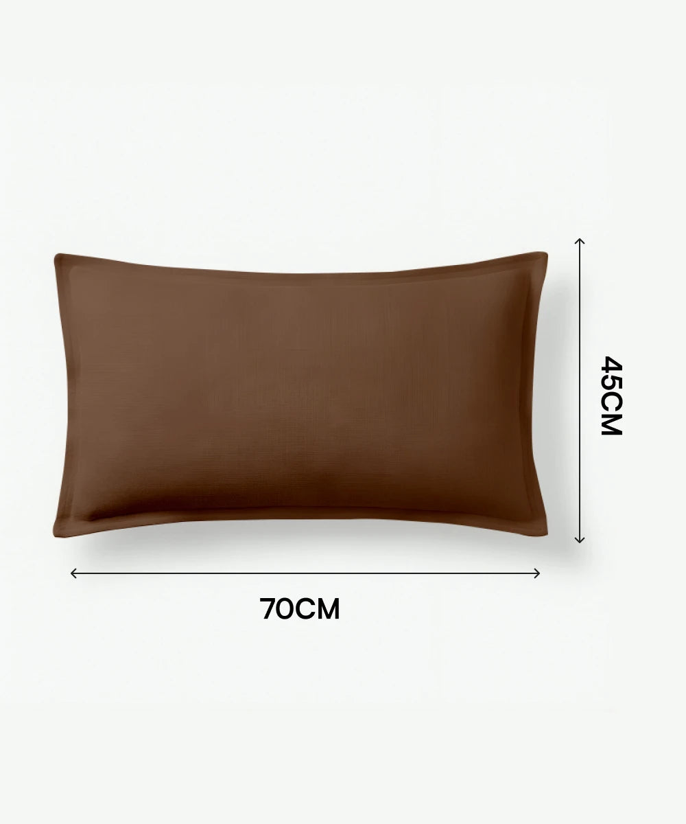 Brown pillowcase with dimensions on a white background