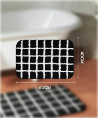 Black and white checkered mat with dimensions on a blurred background