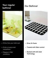 Comparison of a regular bathmat and 'Our Bathmat' with text highlighting features and benefits.