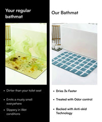 Comparison of a regular bathmat and a better quality bathmat with text highlighting features.