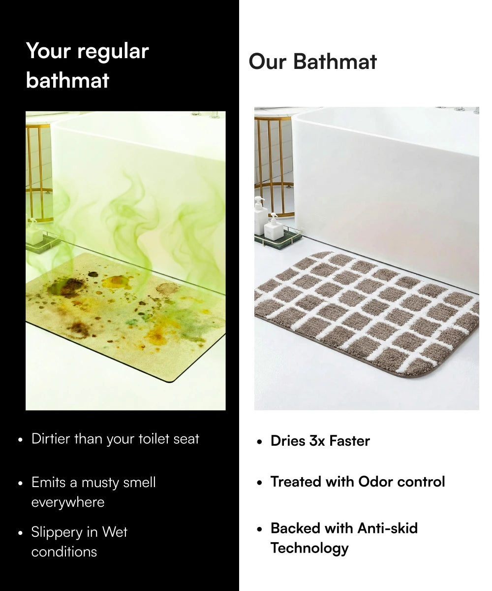 Comparison of a regular bathmat and a treated bathmat with text highlighting benefits.