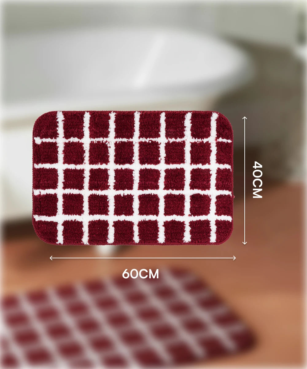 Red and white checkered mat with dimensions on a blurred background