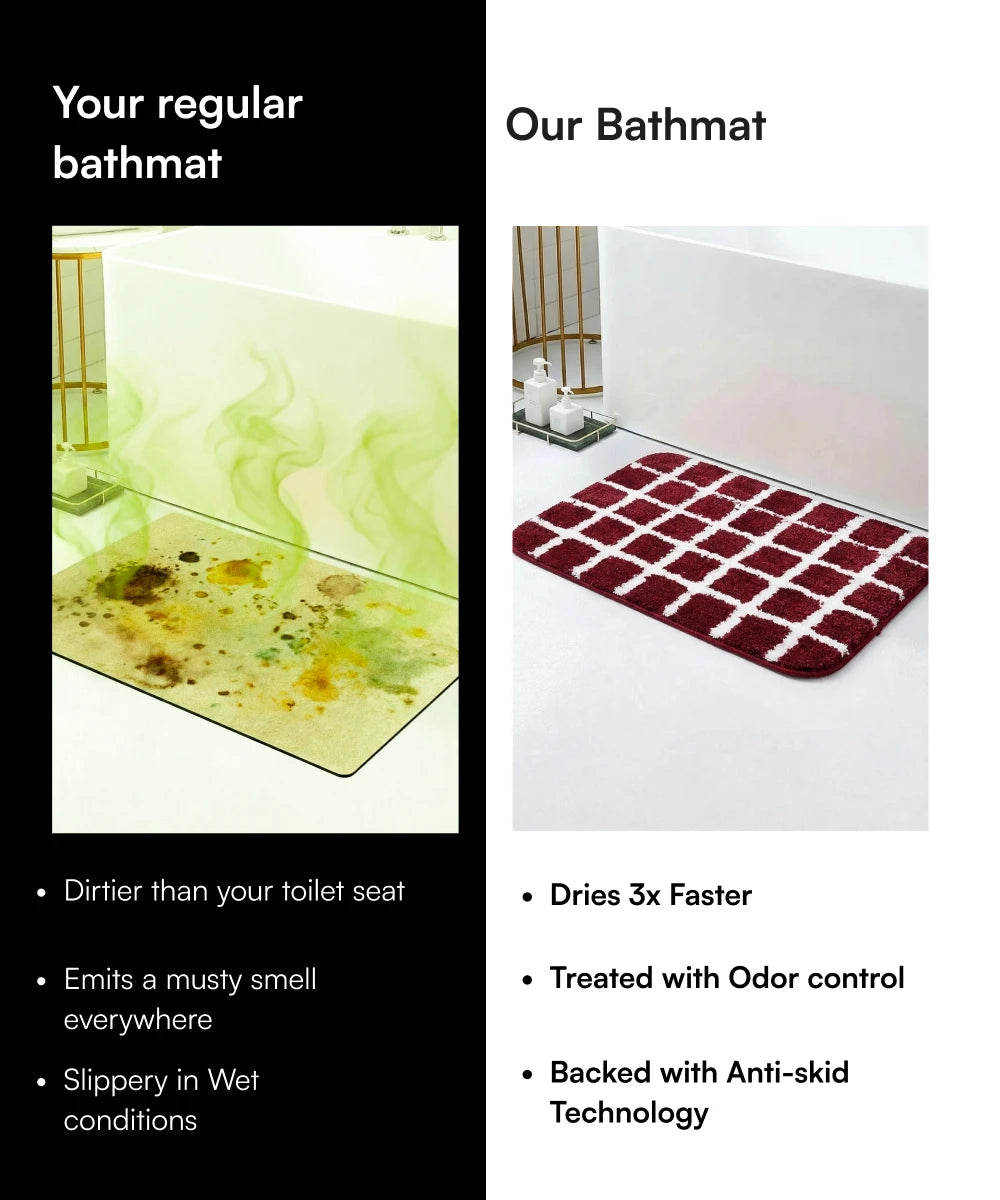 Comparison of a regular bathmat and 'Our Bathmat' with text highlighting features and benefits.
