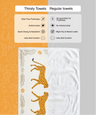Comparison of Thirsty Towels and Regular towels with icons and text on an orange and gray background.