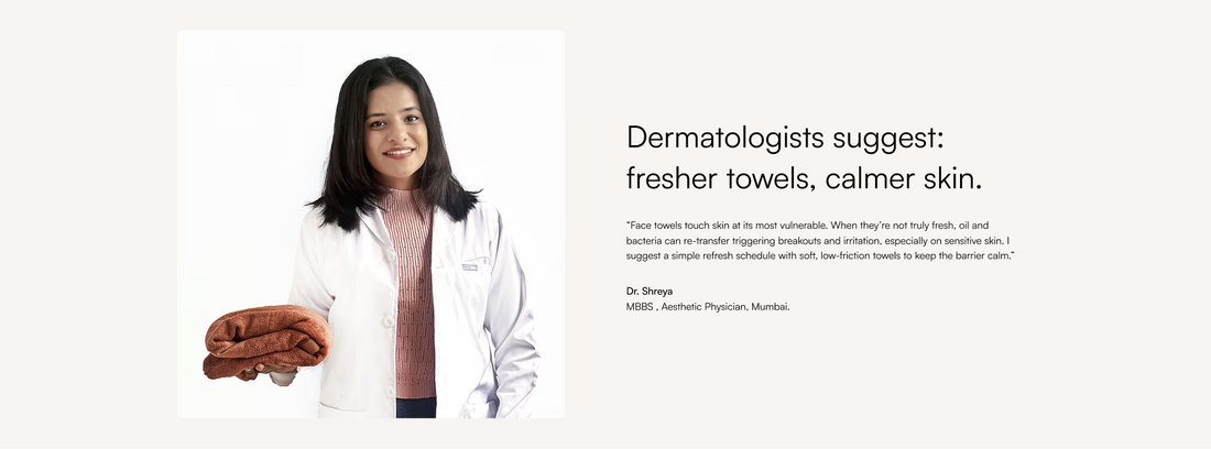 Woman holding a doctor towels' with text about dermatologists and towels on a light background