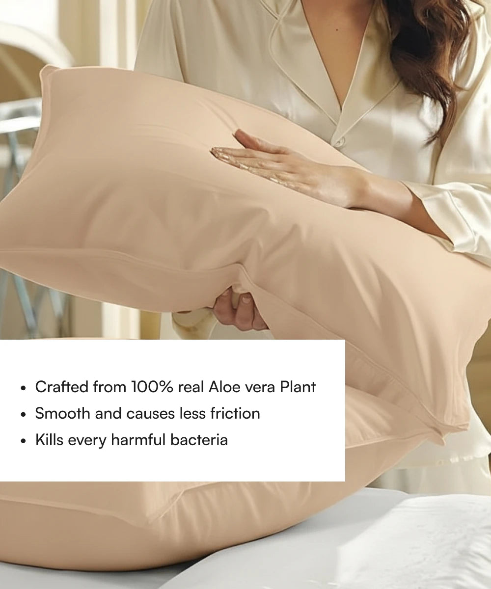 Person holding a beige pillow with Aloe vera plant properties text overlay