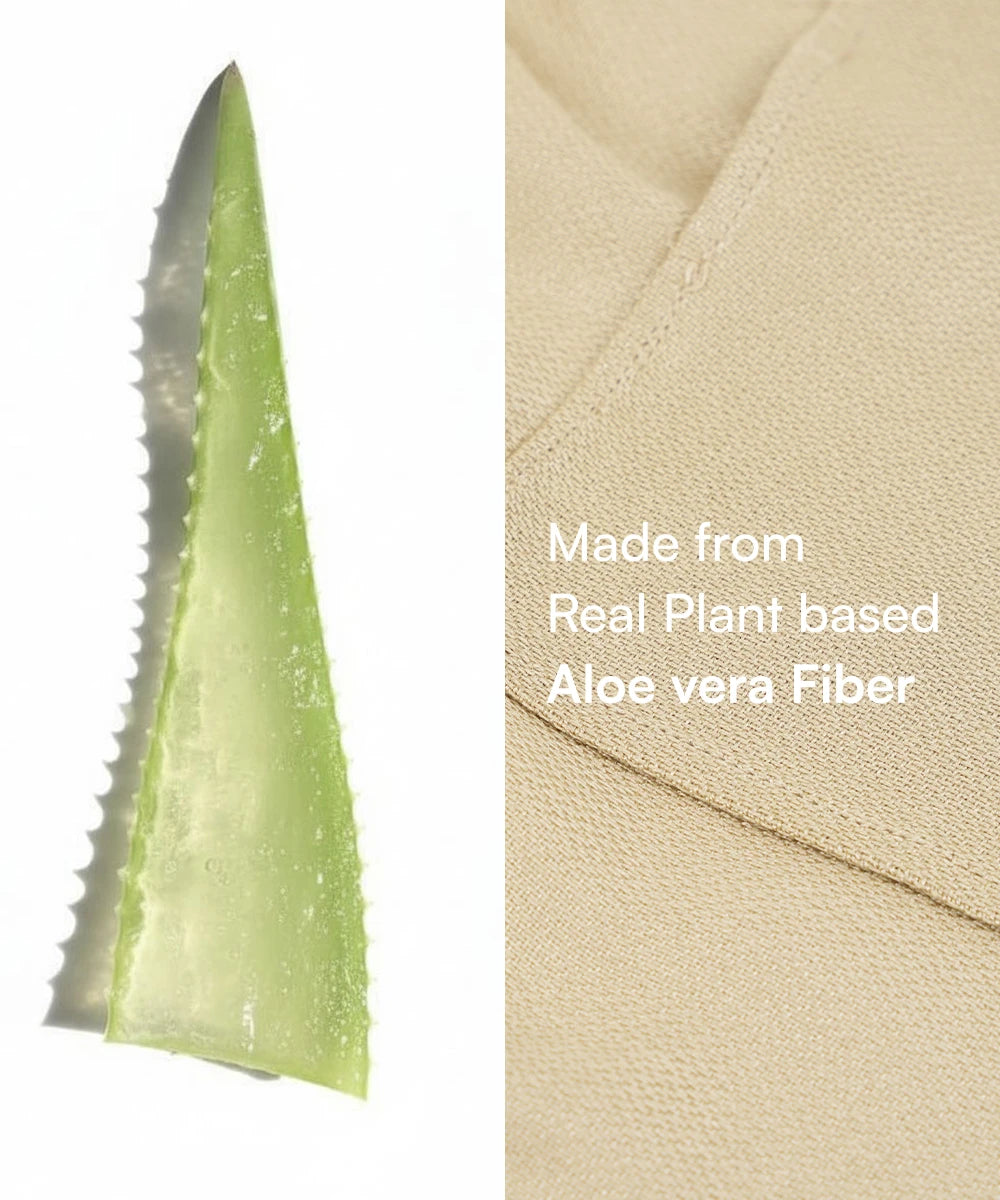 Aloe vera leaf and fabric with text 'Made from Real Plant based Aloe vera Fiber'.