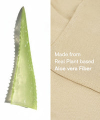 Aloe vera leaf and fabric with text 'Made from Real Plant based Aloe vera Fiber'.