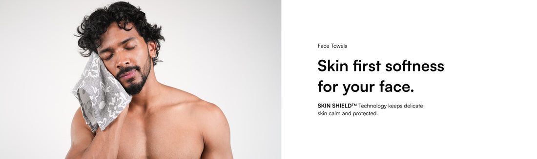 Man with a towel on his face with text about skin care technology.