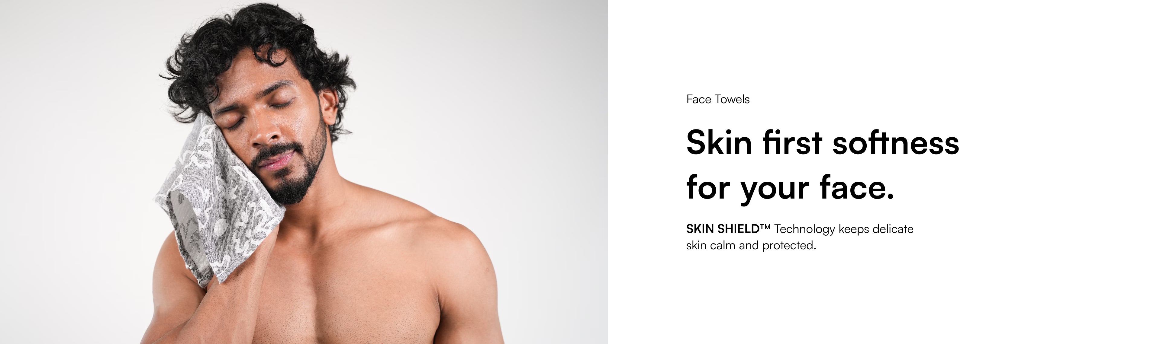 Man with a towel on his face with text about skin care technology.