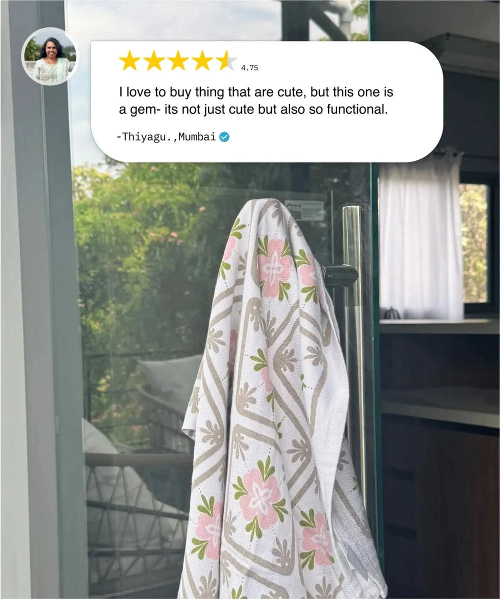 Floral fabric draped over a door with a five-star rating comment above it.