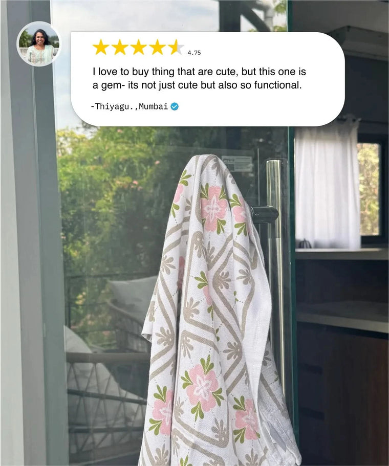Floral fabric draped over a door with a five-star rating comment above it.