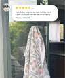 Floral fabric draped over a door with a five-star rating comment above it.