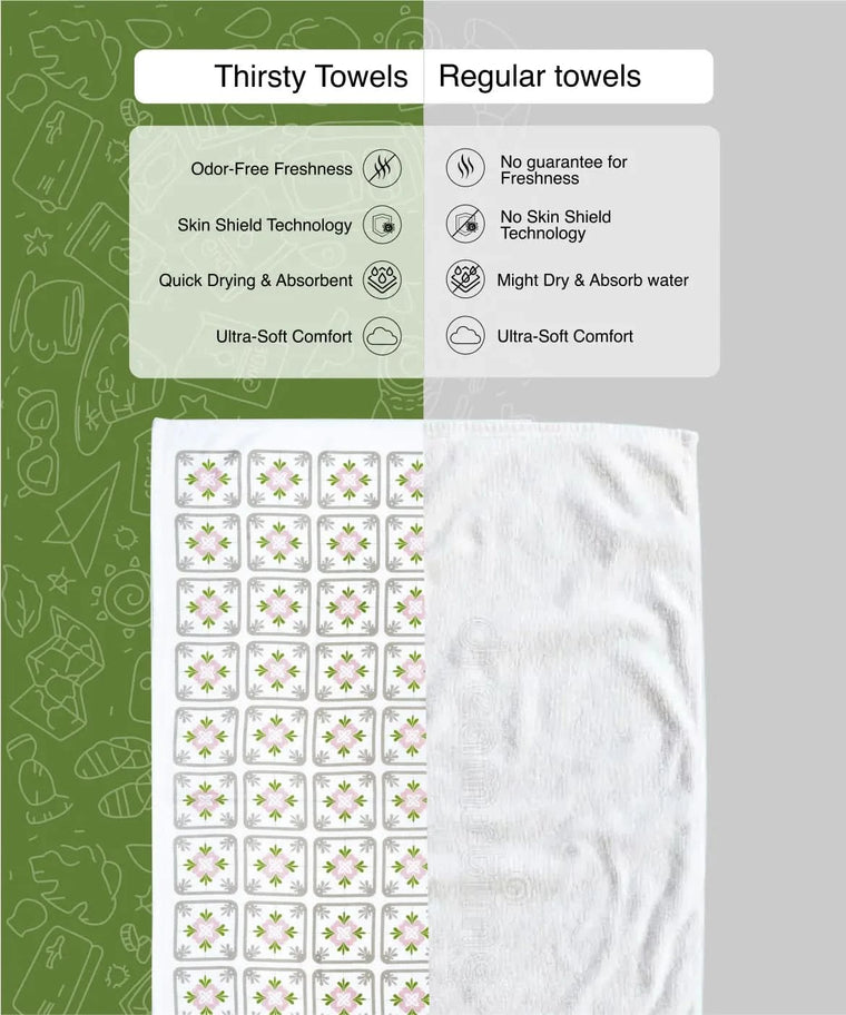 Comparison of Thirsty Towels and Regular towels with features listed on a green and gray background.