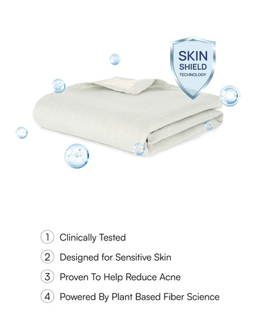 Folded Frosted Grey Towel with 'Skin Shield Technology' label and product features listed below on a white background.