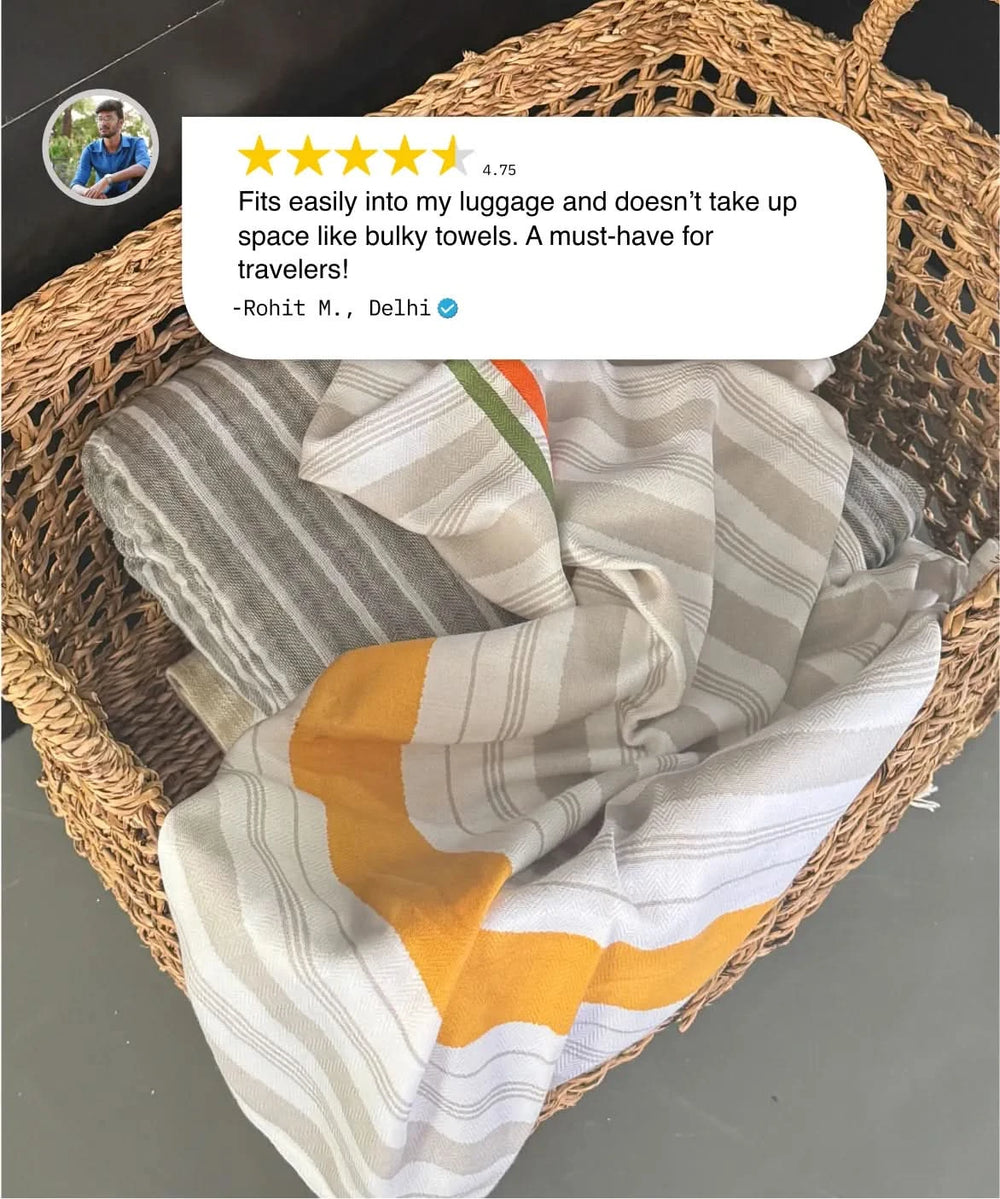 Folded just stripes towel in a woven basket with a customer review overlay.