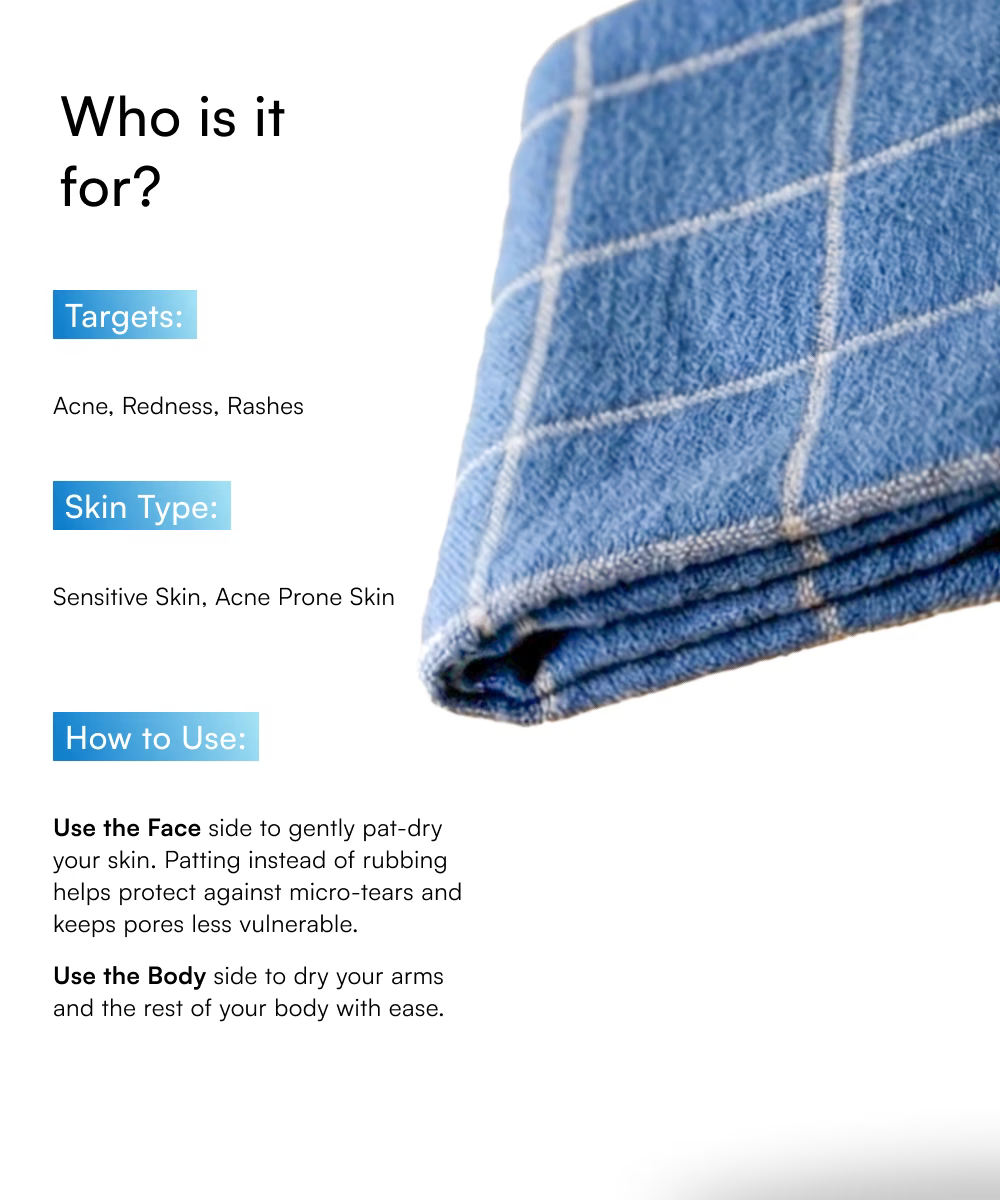 French Blue Banana Double Cloth towel with text about its use for acne, redness, and rashes on sensitive skin.