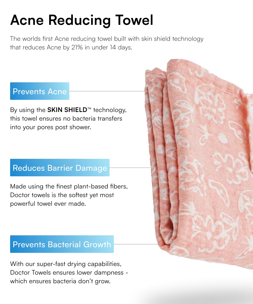 Acne reducing towel with text highlighting its benefits on a white background