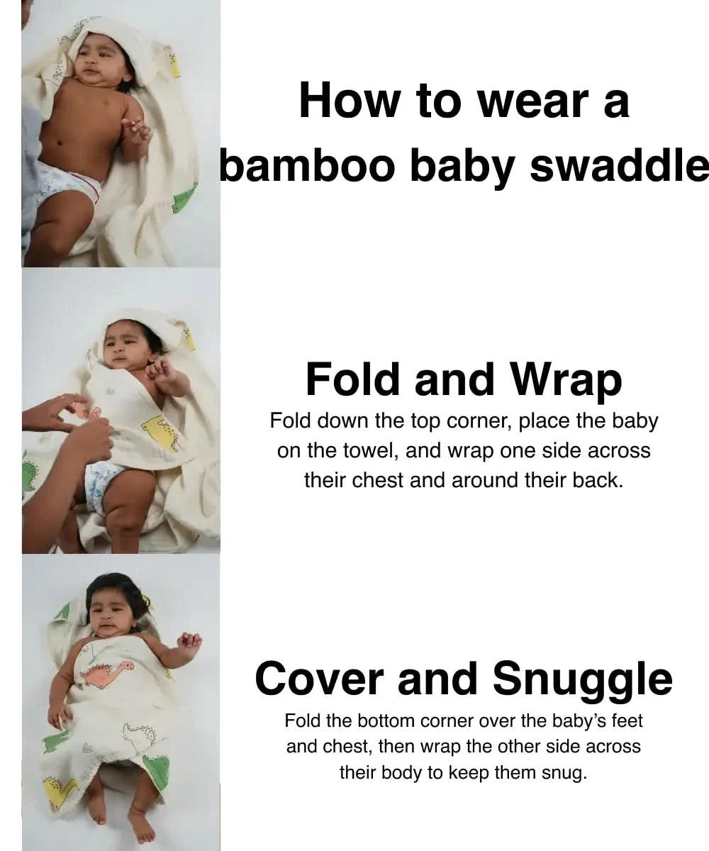 Instructions on how to wear a bamboo baby swaddle with images of a baby being swaddled.