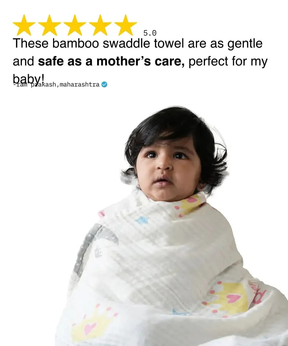 Baby wrapped in a bamboo swaddle towel with a five-star rating text overlay.
