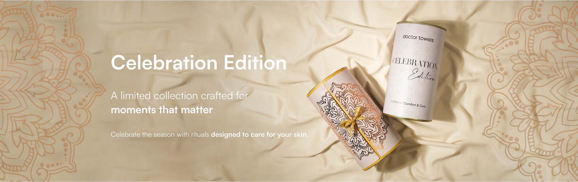 Two cans labeled 'Celebration Edition' on a textured beige background with decorative patterns.