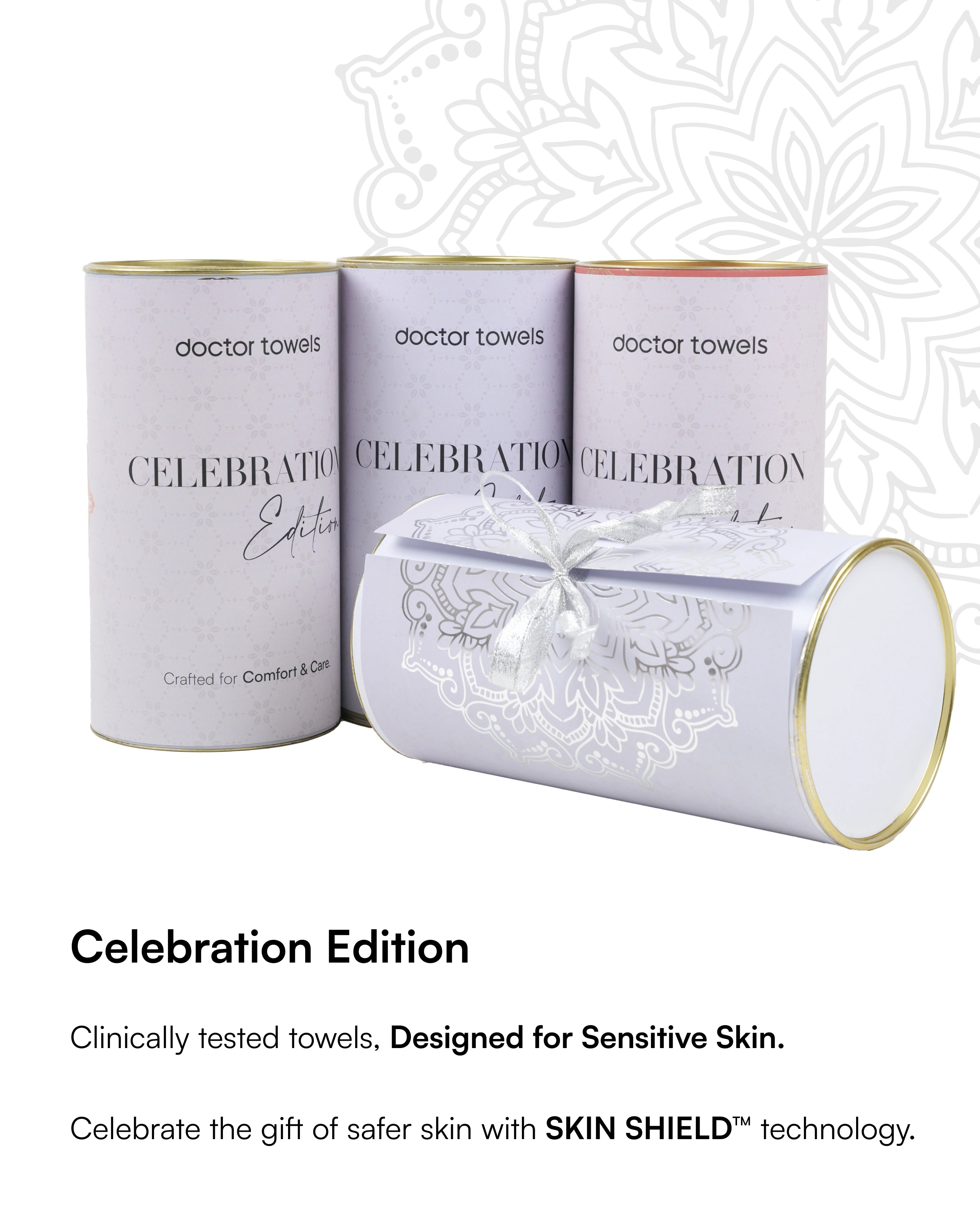 Three 'doctor towels' boxes with 'Celebration Edition' text on a white background. Designed for Sensitive Skin