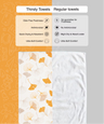 Comparison chart of Thirsty Towels and Regular towels with icons and text on an orange and gray background.