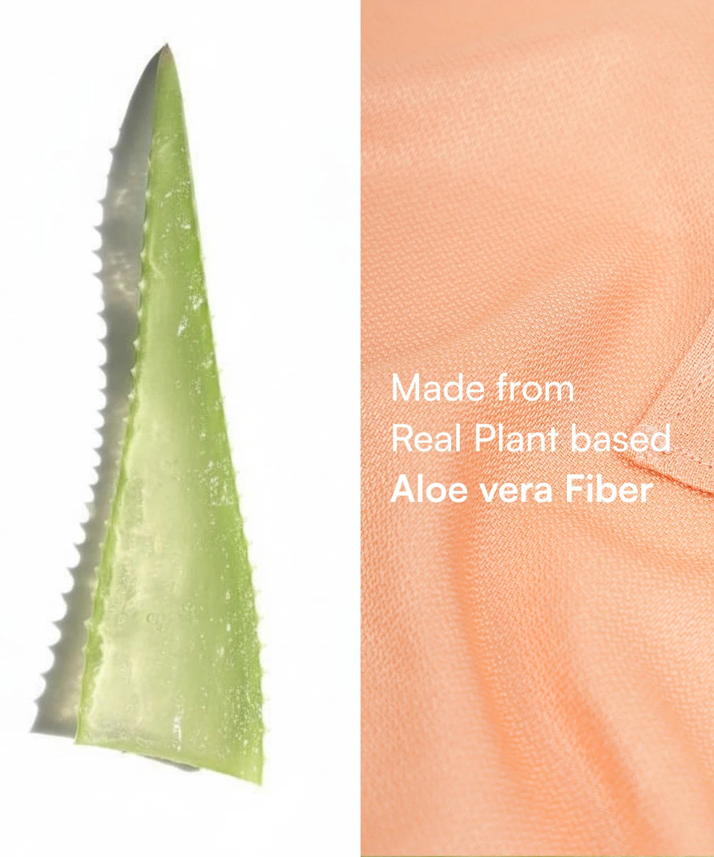 Aloe vera leaf and fabric with text 'Made from Real Plant based Aloe vera Fiber'.