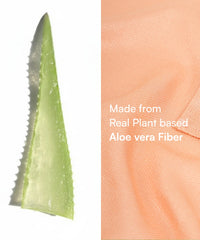 Aloe vera leaf and fabric with text 'Made from Real Plant based Aloe vera Fiber'.