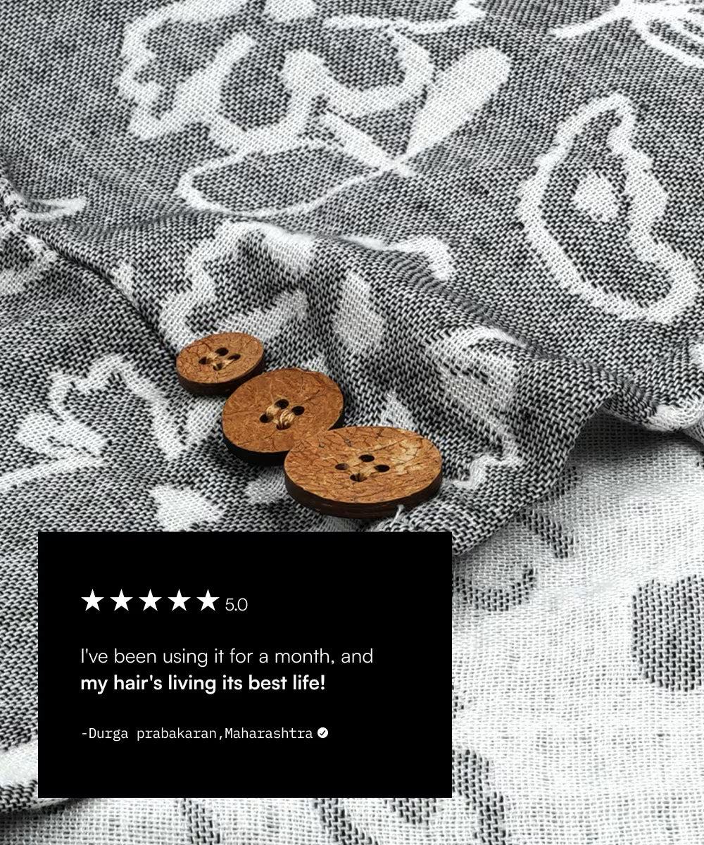 Three wooden buttons on a Banana floral hair towels background with a five-star rating card.