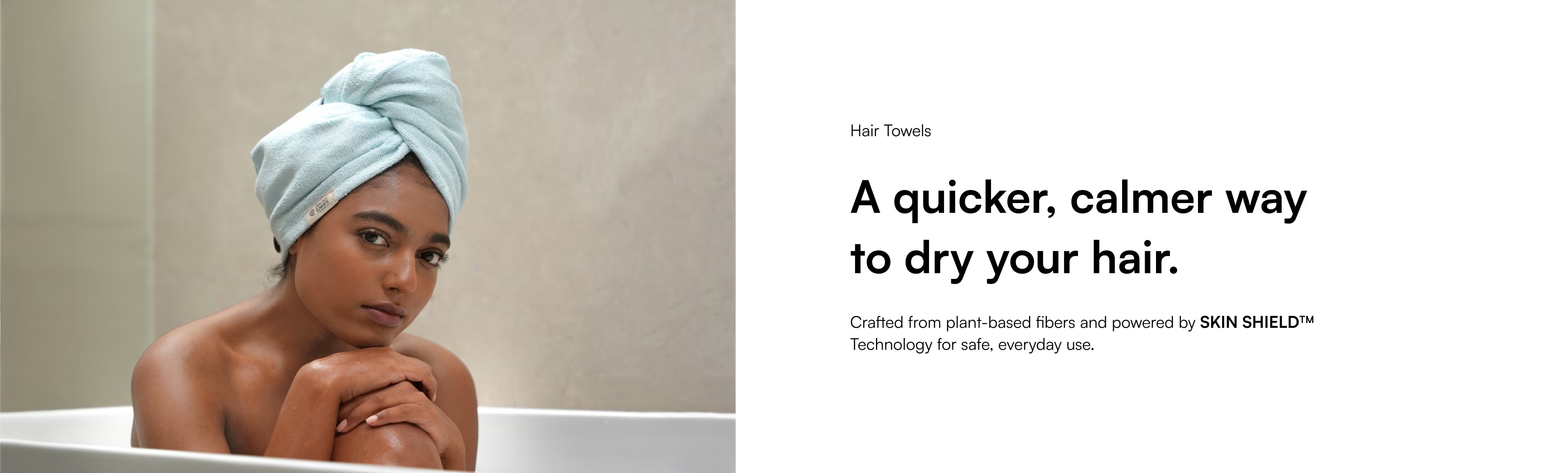 Woman drying her hair with a towel in a bathtub, with text about hair towels.