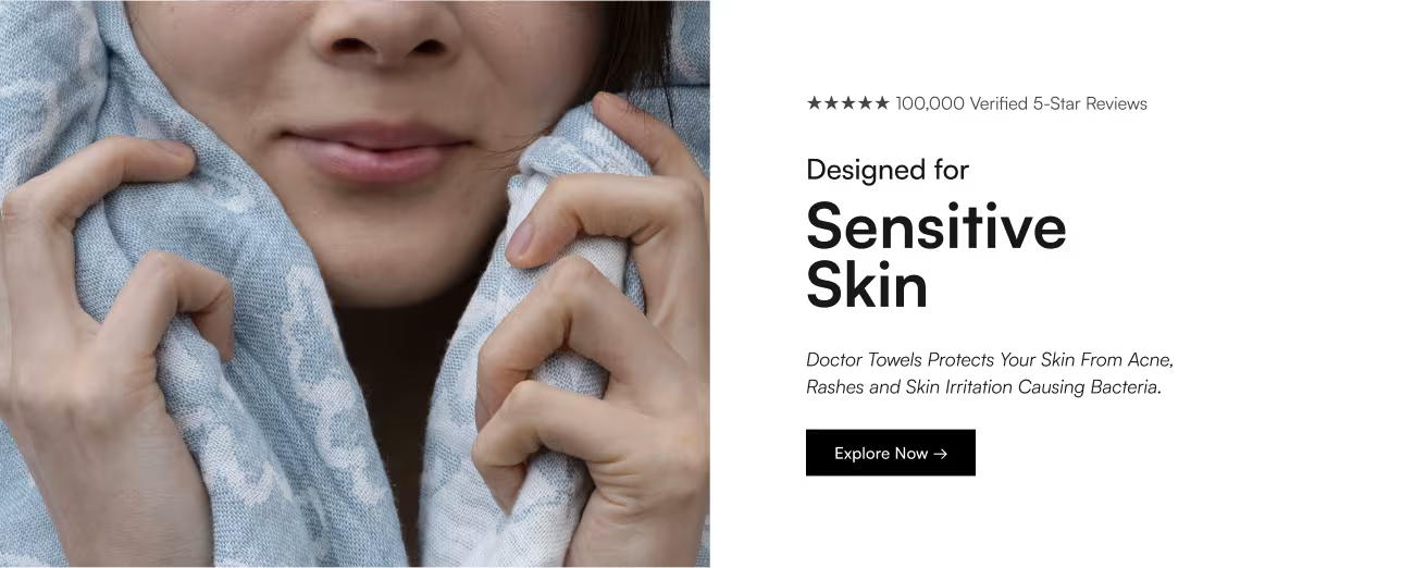 Person holding a doctor towel with text about sensitive skin protection and product features.