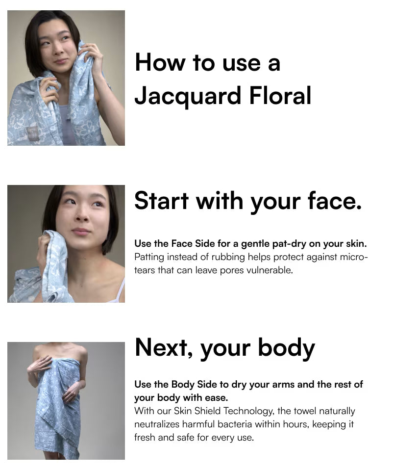 Instructions on how to use a Jacquard Floral towel with images of a woman using it.