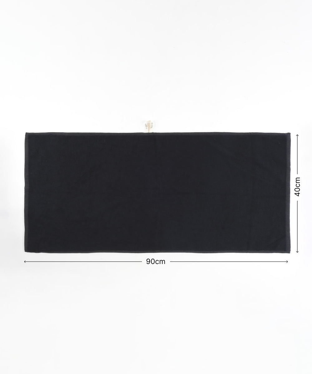 Banana terry gym towel - jet black rectangular fabric with measurements on a white background