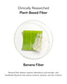 Banana fiber on a white background with text about clinically researched plant-based fiber.