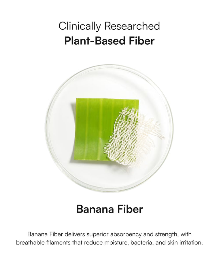 Banana fiber on a white background with text about clinically researched plant-based fiber.