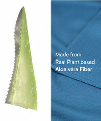 Aloe vera leaf and blue fabric with text 'Made from Real Plant based Aloe vera Fiber'.