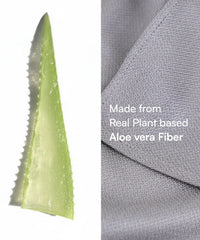 Aloe vera leaf and gray fabric with text 'Made from Real Plant based Aloe vera Fiber'.