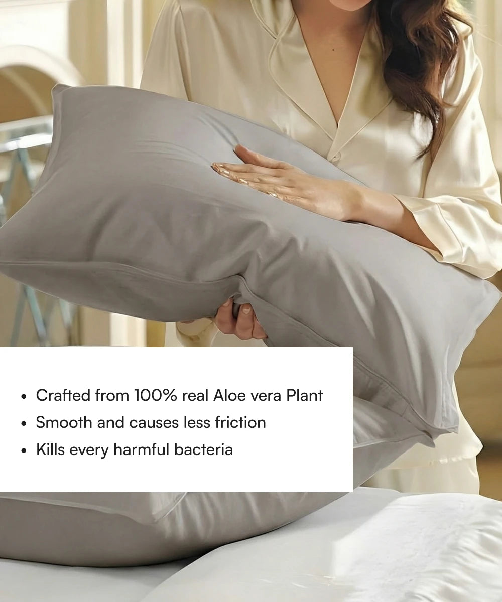 Person holding a pillow with Aloe vera plant properties highlighted