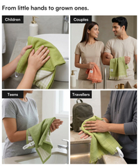 Collage of people in different life stages using Doctor Towels towels in bathroom and travel settings.