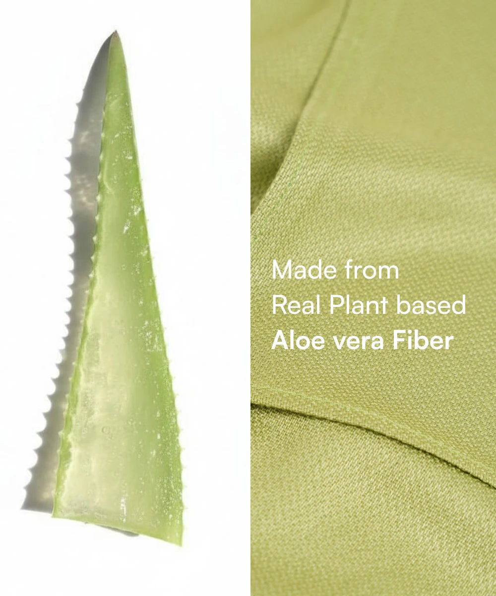 Close-up of aloe vera plant leaf and fabric made from aloe vera fiber with text 'Made from Real Plant based Aloe vera Fiber'.
