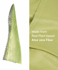 Close-up of aloe vera plant leaf and fabric made from aloe vera fiber with text 'Made from Real Plant based Aloe vera Fiber'.