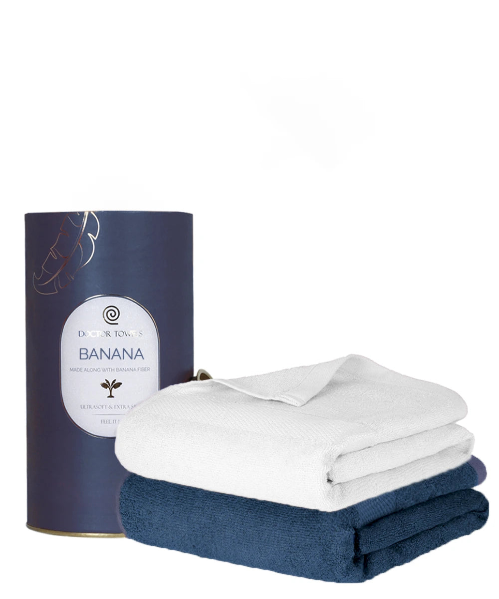 French blue and simply white Banana terry super light terry towel with a canister packaging labeled 'BANANA' on a white background