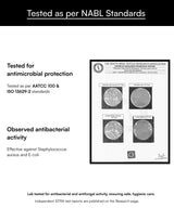 Text and certification logo related to antimicrobial protection and antibacterial activity testing.