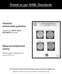 Text and certification logo related to antimicrobial protection and antibacterial activity testing.
