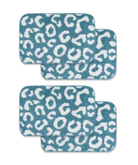 Two blue bath mats with white leopard print pattern on a white background