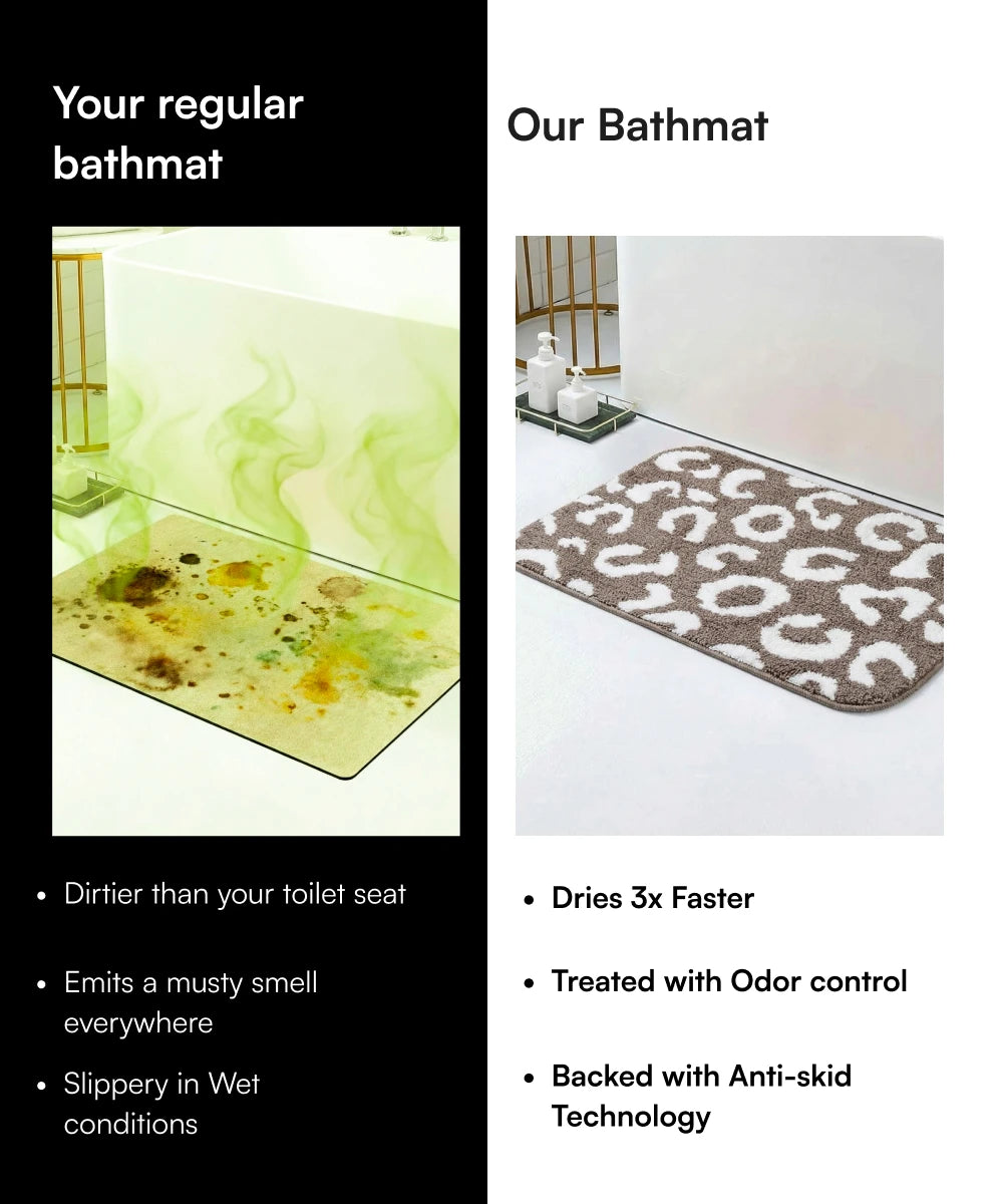 Comparison of a dirty bathmat with a clean, patterned bathmat on a white background.