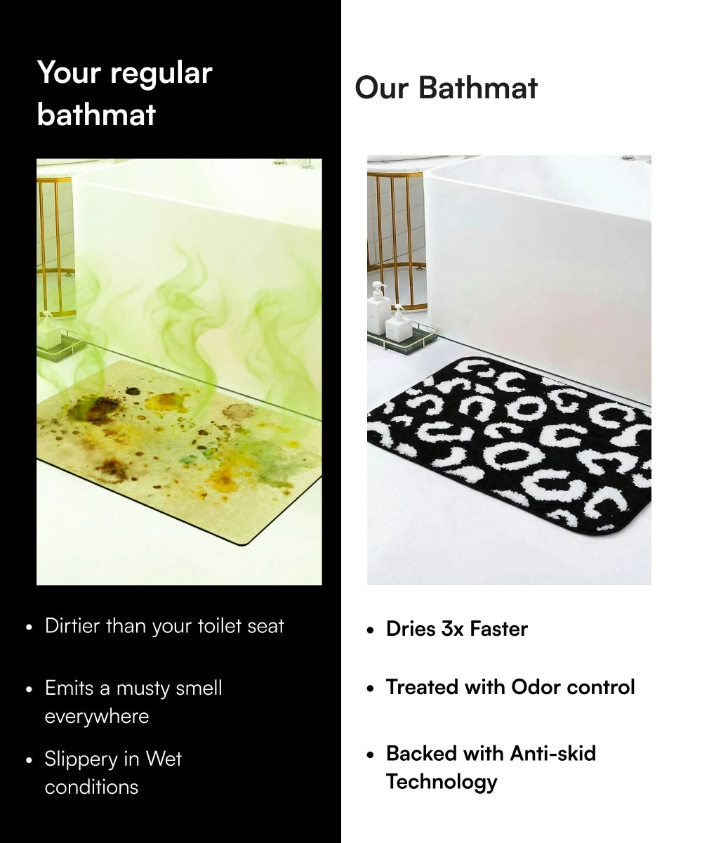 Comparison of a regular bathmat and 'Our Bathmat' with text highlighting features and benefits.
