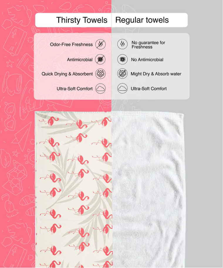 Comparison of 'Thirsty Towels' and 'Regular towels' with features listed on a pink and gray background.
